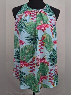Saint Tropez West Sleeveless Top, Print in Aqua, Green, &Pinks EUC, Sz.M